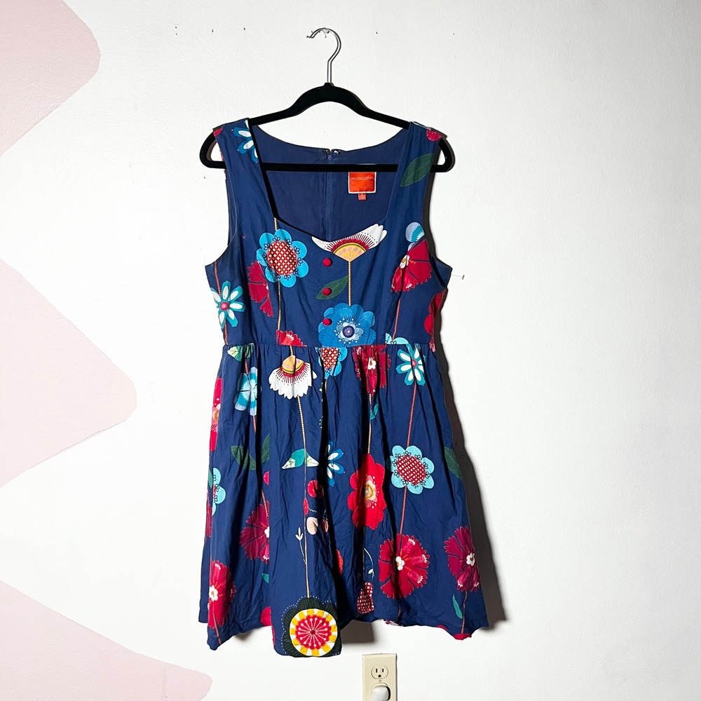 ModCloth Fit Flare Dress Large Navy Blue Floral 100% Cotton Retro Rockabilly